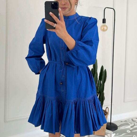Zara Cobalt Blue Mini Dress Sz S Balloon Sleeves Tiered Ruffle - Picture 14 of 15